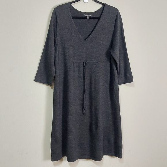 Eileen Fisher 100% Merino Wool Midi Sweater Dress Large Gray V-Neck Drawstring - Picture 9 of 9
